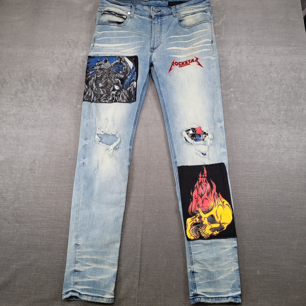 Rockstar‎ Original Drake Blue Slim Distressed Patch Jeans Mens Actual Sz 34x33